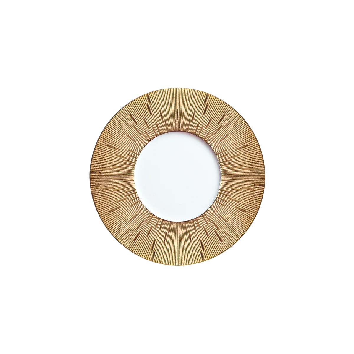 The Infini Prestige Gold Dinnerware by Haviland is a round Limoges porcelain plate with a wide, textured gold and brown rim featuring radiating lines and a smooth white center, shown against a white background.