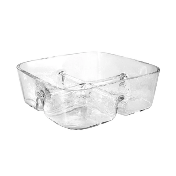 The Majestic Gifts/Barski 4 Section Square Relish Dish is a clear glass serving dish with textured compartments for snacks, and it's dishwasher safe.
