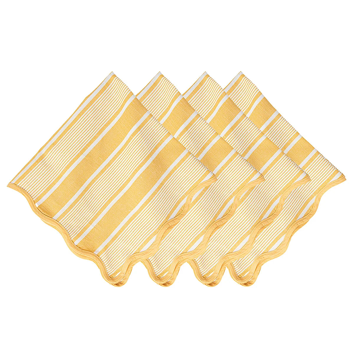 Four Cabana Stripe Napkins in the Sunshine colorway by Juliska are neatly arranged in a slightly overlapping fan pattern, with their wavy edges visible at the front of each napkin.
