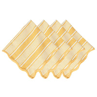 Four Cabana Stripe Napkins in the Sunshine colorway by Juliska are neatly arranged in a slightly overlapping fan pattern, with their wavy edges visible at the front of each napkin.