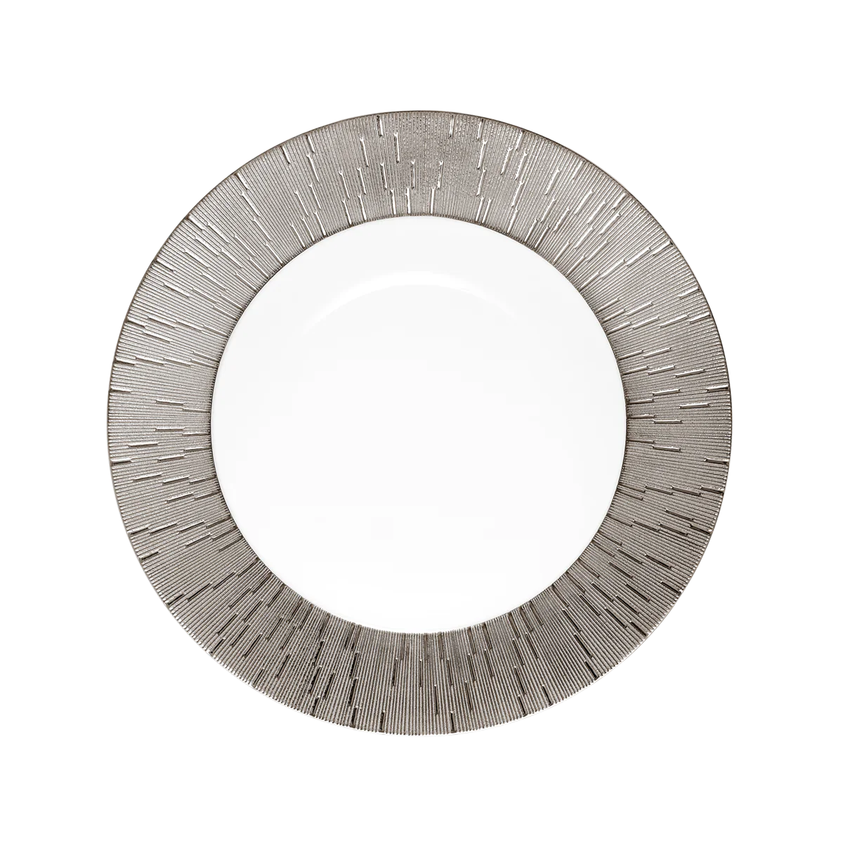 The Haviland Infini Prestige Platinum Dinnerware features a round white Limoges porcelain plate with a wide platinum rim etched in a linear sunburst pattern, showcasing modern elegance from the Infini collection.