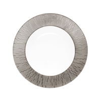 The Haviland Infini Prestige Platinum Dinnerware features a round white Limoges porcelain plate with a wide platinum rim etched in a linear sunburst pattern, showcasing modern elegance from the Infini collection.