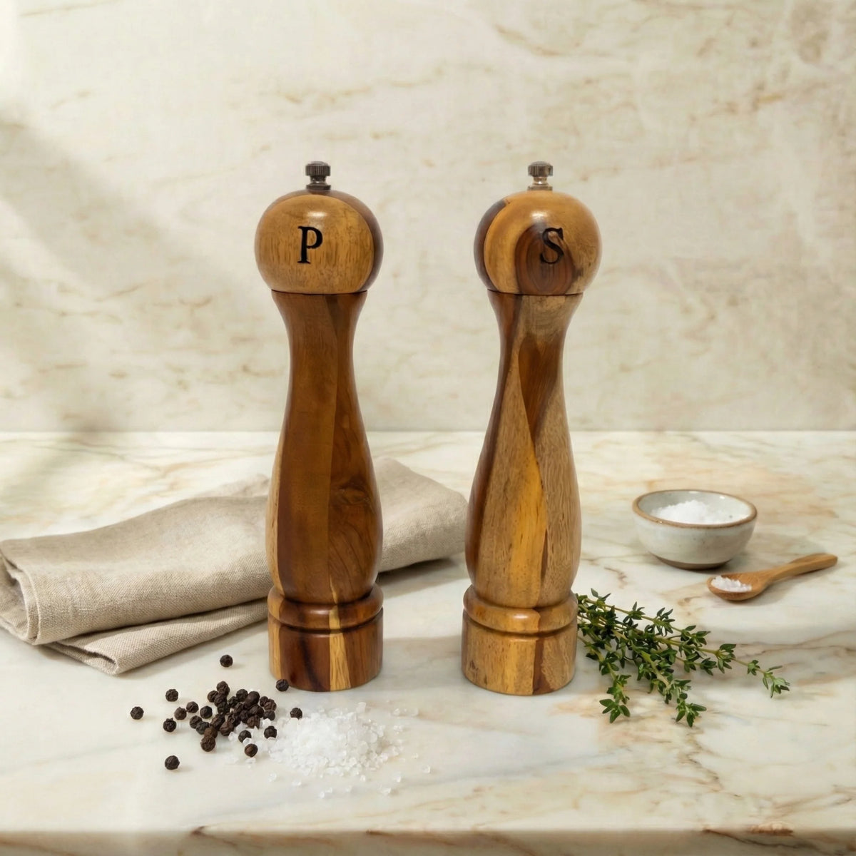 The Rosewood Salt & Pepper Set by Be Home, crafted from sustainable rosewood, rests on a marble surface surrounded by peppercorns, salt, fresh thyme, a small bowl of salt, and a folded beige napkin.