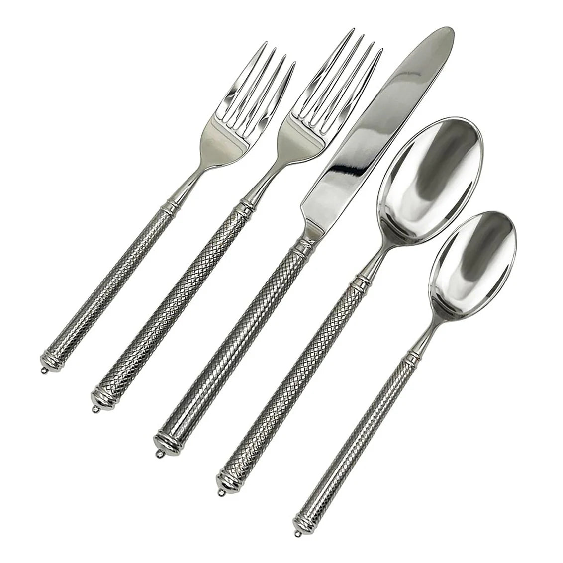 The Ricci Solitaire Flatware 5 Piece Setting features two forks, a knife, and two spoons with textured handles, crafted in Italy from 18/10 stainless steel and displayed side by side on a white background.