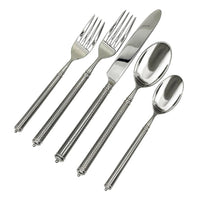 The Ricci Solitaire Flatware 5 Piece Setting features two forks, a knife, and two spoons with textured handles, crafted in Italy from 18/10 stainless steel and displayed side by side on a white background.
