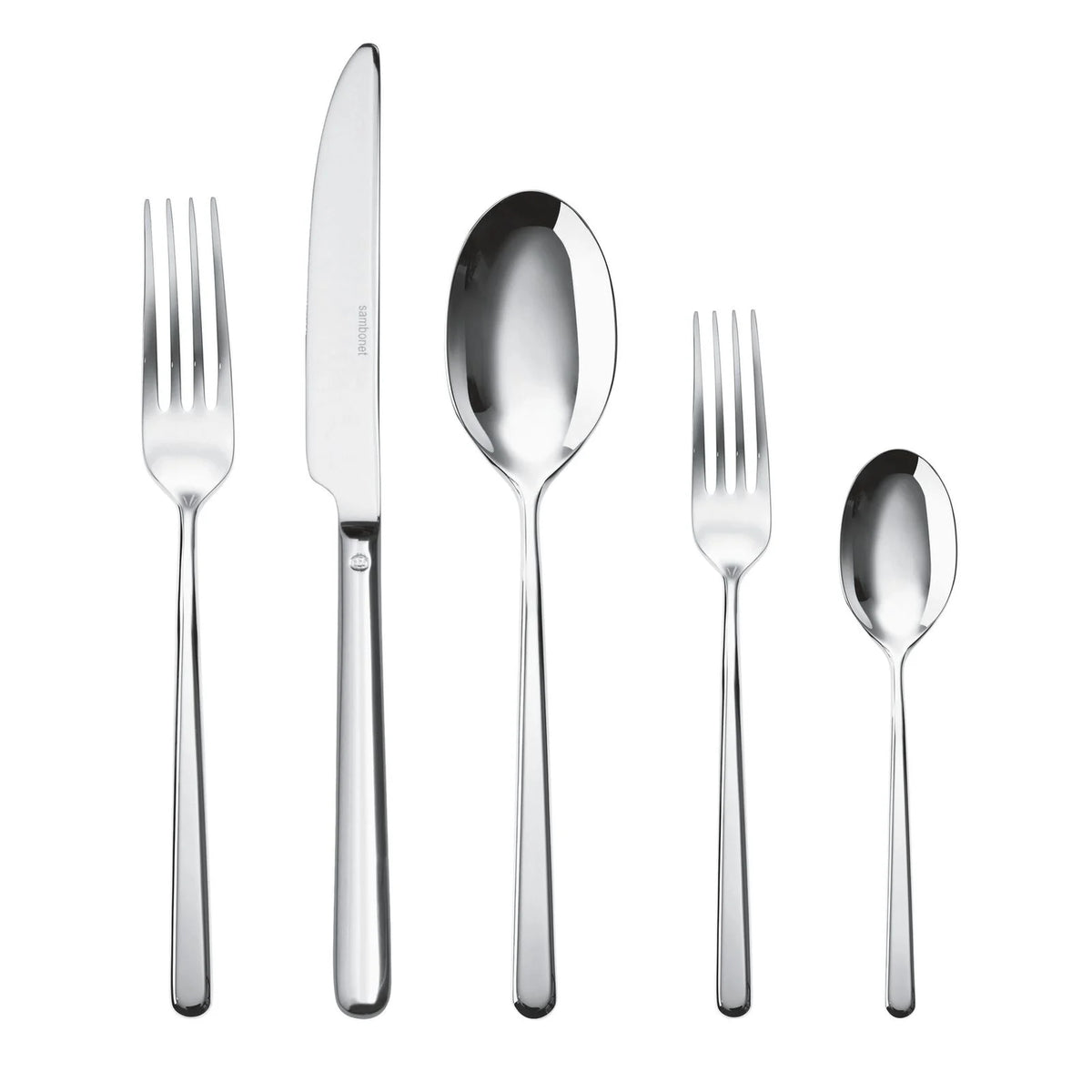 The Sambonet Linear Solid Handle Flatware 5 Place Setting includes a dinner fork, knife, soup spoon, salad fork, and teaspoon in stainless steel with sleek, polished handles and a modern design arranged side by side.