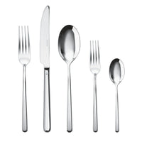 The Sambonet Linear Solid Handle Flatware 5 Place Setting includes a dinner fork, knife, soup spoon, salad fork, and teaspoon in stainless steel with sleek, polished handles and a modern design arranged side by side.