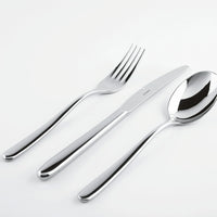 The Sambonet Hannah Flatware 5 Piece Setting in stainless steel is displayed with its pieces—a fork, knife, and spoon—neatly arranged side by side on a plain white background.