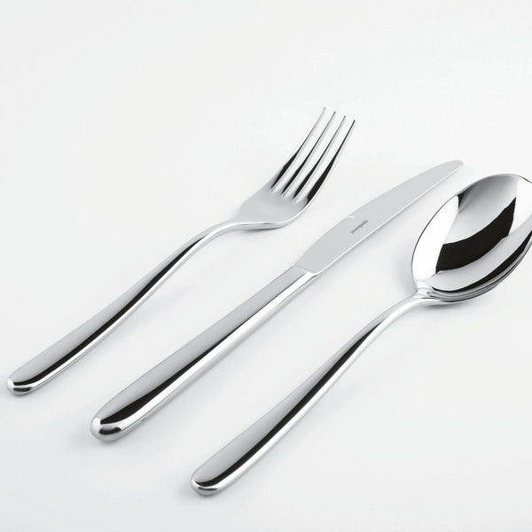 The Sambonet Hannah Flatware 5 Piece Setting in stainless steel is displayed with its pieces—a fork, knife, and spoon—neatly arranged side by side on a plain white background.