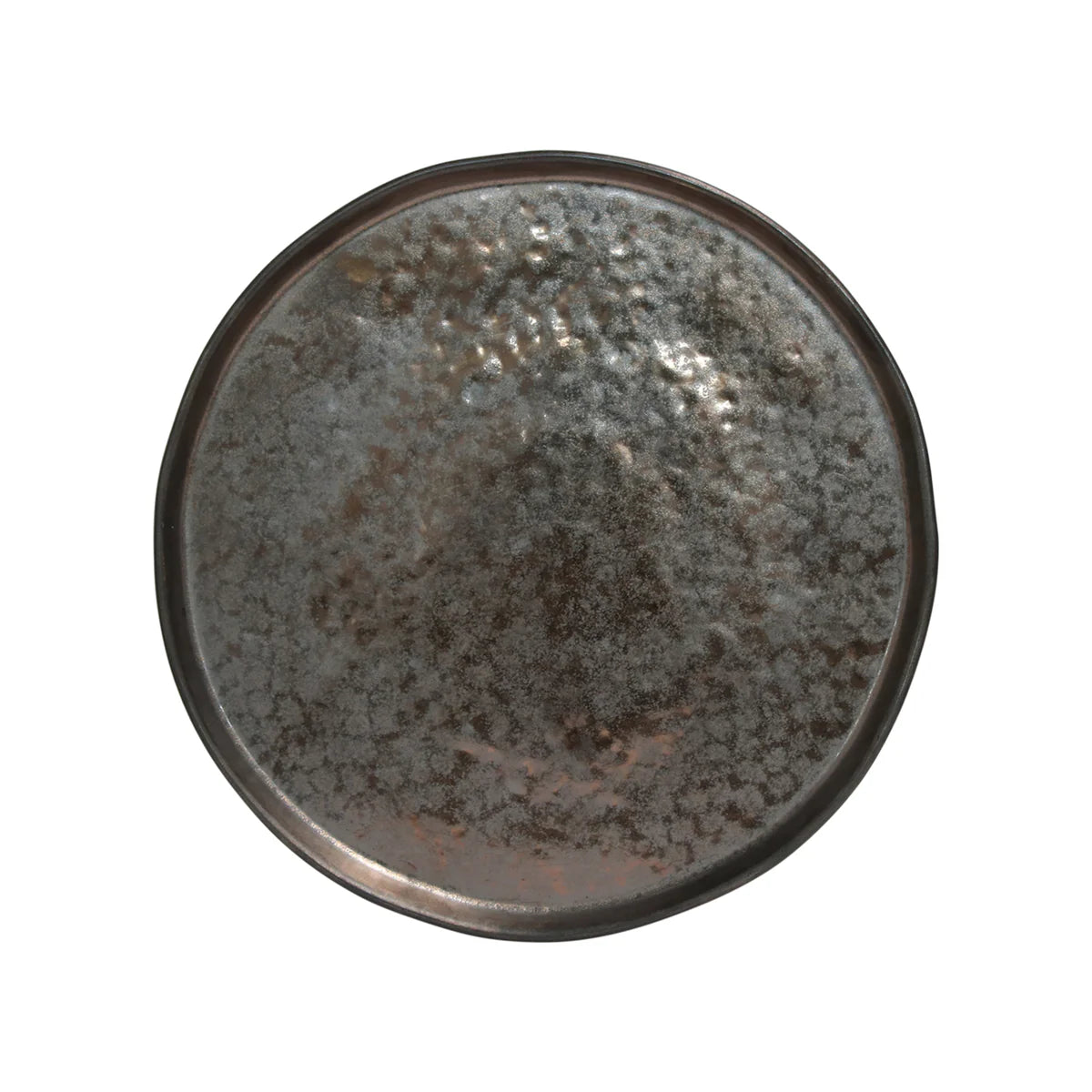 The Costa Nova Lagoa Dinnerware plate features round stoneware with a metallic-look, hammered texture, raised rim, and shiny mottled dark gray and silver finish. Photographed from above on white. Made in Portugal.