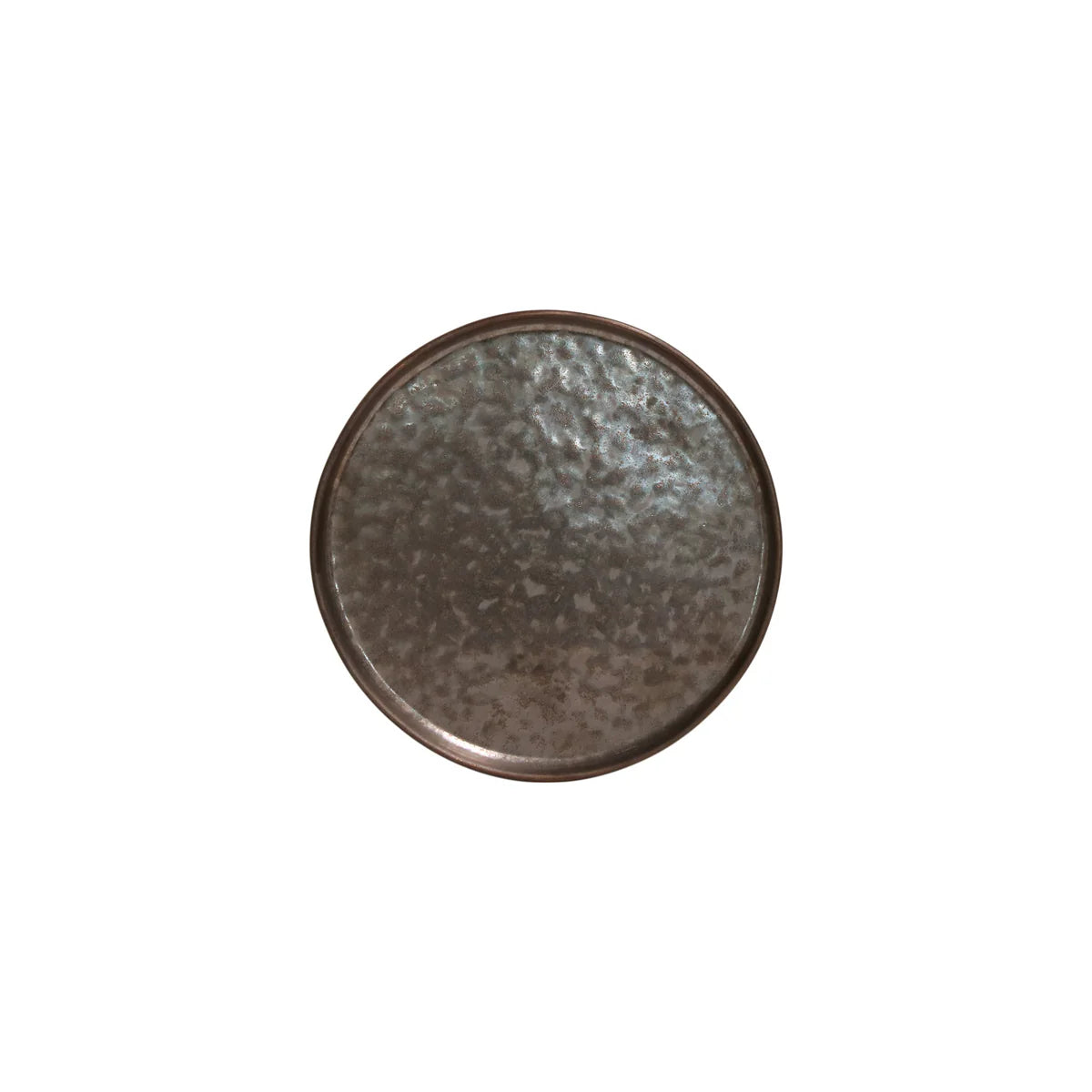 A round, dark brown metal tray with a hammered texture is shown from above on a white background—ideal for pairing with Costa Nova's Lagoa Dinnerware.