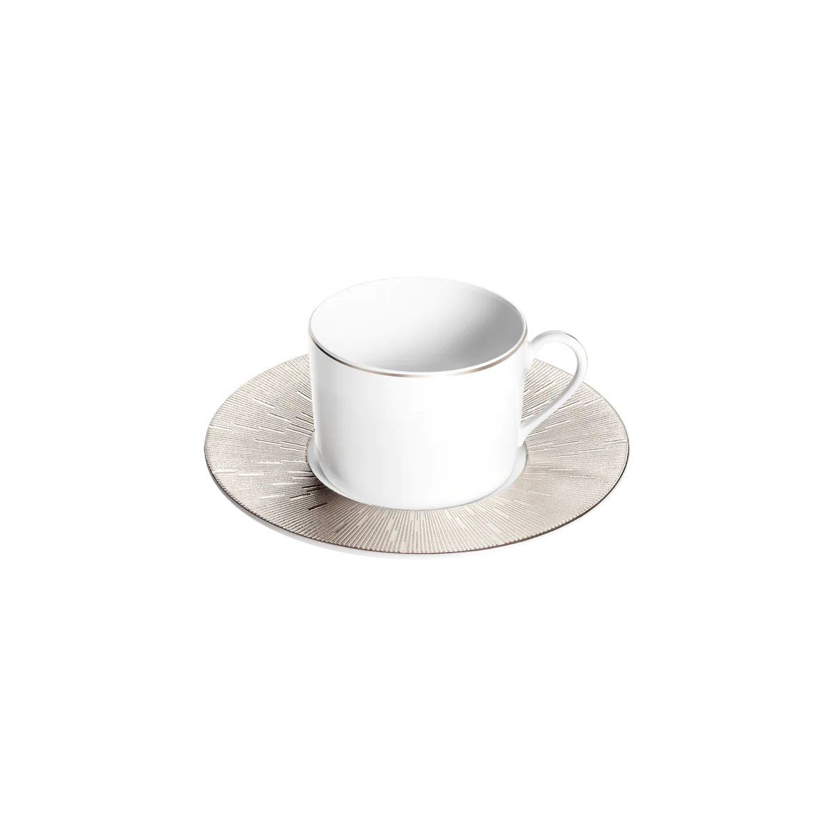A Haviland Infini Prestige Platinum porcelain cup with handle rests on a round, textured silver saucer against a light gray background.