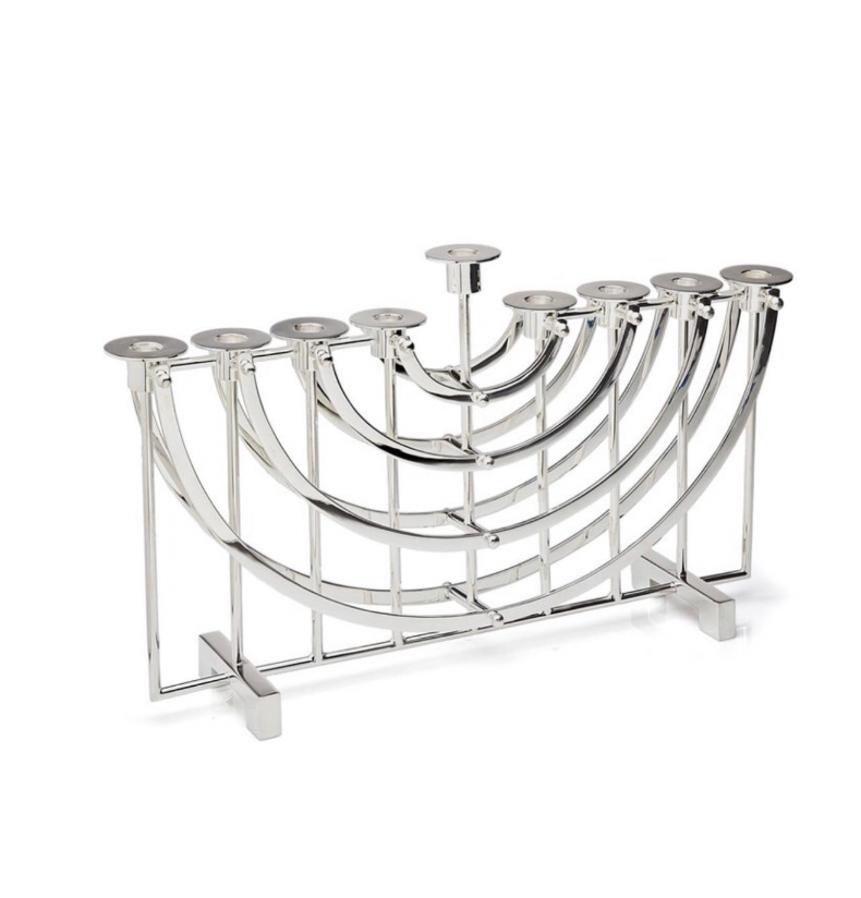 The Ricci Nickel Suspension Menorah features sleek, curved lines and nine candleholders, shown elegantly on a white background—a modern homage to Jewish tradition.