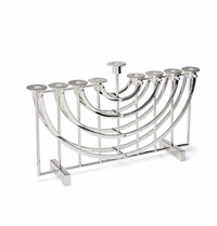 The Ricci Nickel Suspension Menorah features sleek, curved lines and nine candleholders, shown elegantly on a white background—a modern homage to Jewish tradition.