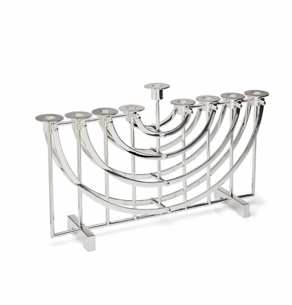 The Ricci Nickel Suspension Menorah features sleek, curved lines and nine candleholders, shown elegantly on a white background—a modern homage to Jewish tradition.