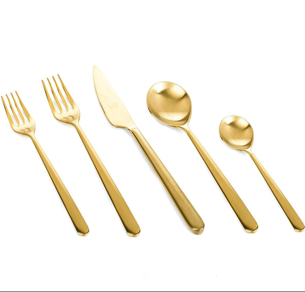 The Mepra Linea Flatware 5 Piece Setting - Oro Ice includes two forks, a knife, a spoon, and a teaspoon in brushed gold. Durable, dishwasher-safe utensils arranged on a white background—perfect for everyday use.