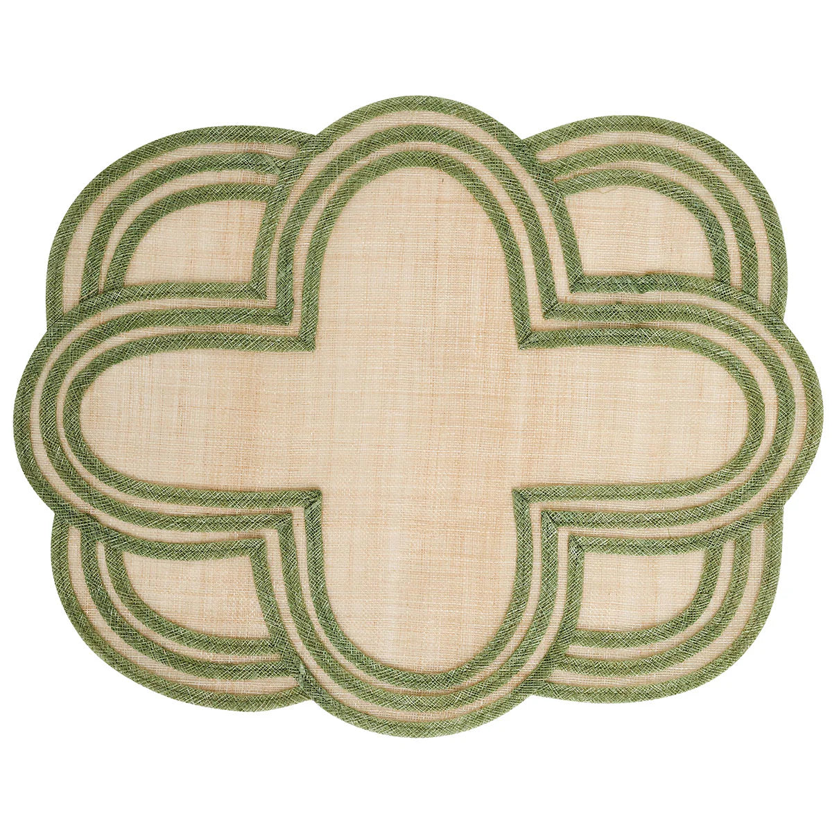 Add elegance to your table with Juliska's Scallop Stripe Placemat—a beige woven placemat featuring intricate scalloped edges and green trim, perfect for enhancing your collection.