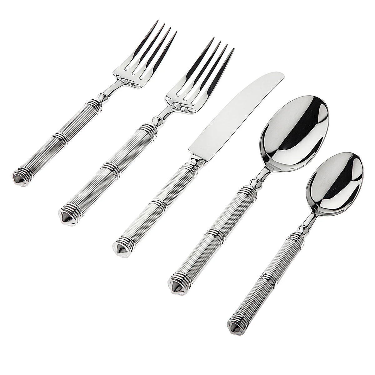The Ricci Castello Flatware Silver 5-Piece Setting features two forks, a knife, and two spoons with matching textured handles in durable 18/10 stainless steel, displayed on a white background.
