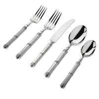 The Ricci Castello Flatware Silver 5-Piece Setting features two forks, a knife, and two spoons with matching textured handles in durable 18/10 stainless steel, displayed on a white background.