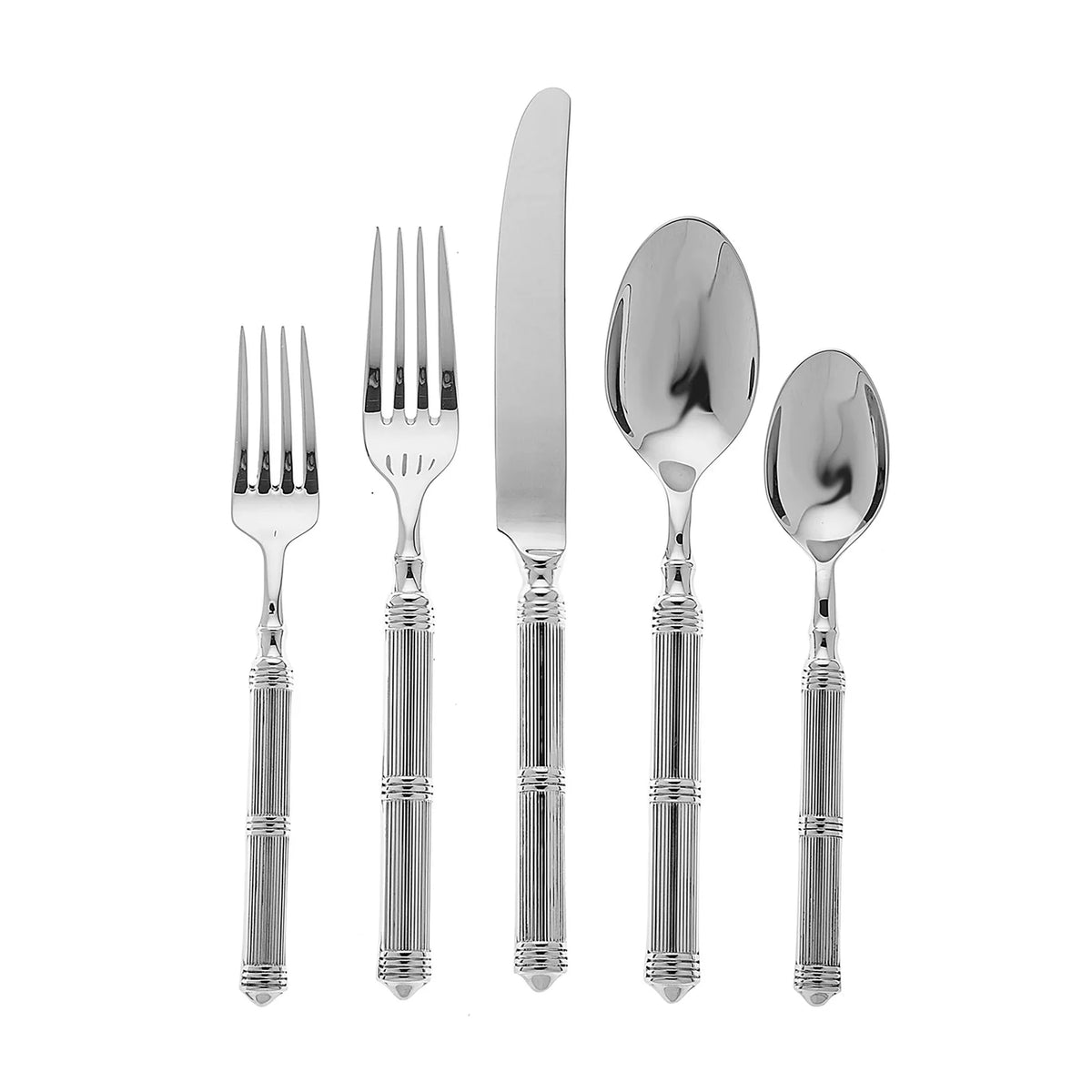 A Ricci Castello Flatware Silver 5-Piece Setting in 18/10 stainless steel—salad fork, dinner fork, knife, soup spoon, and teaspoon—features decorative handles and is arranged on a white background.