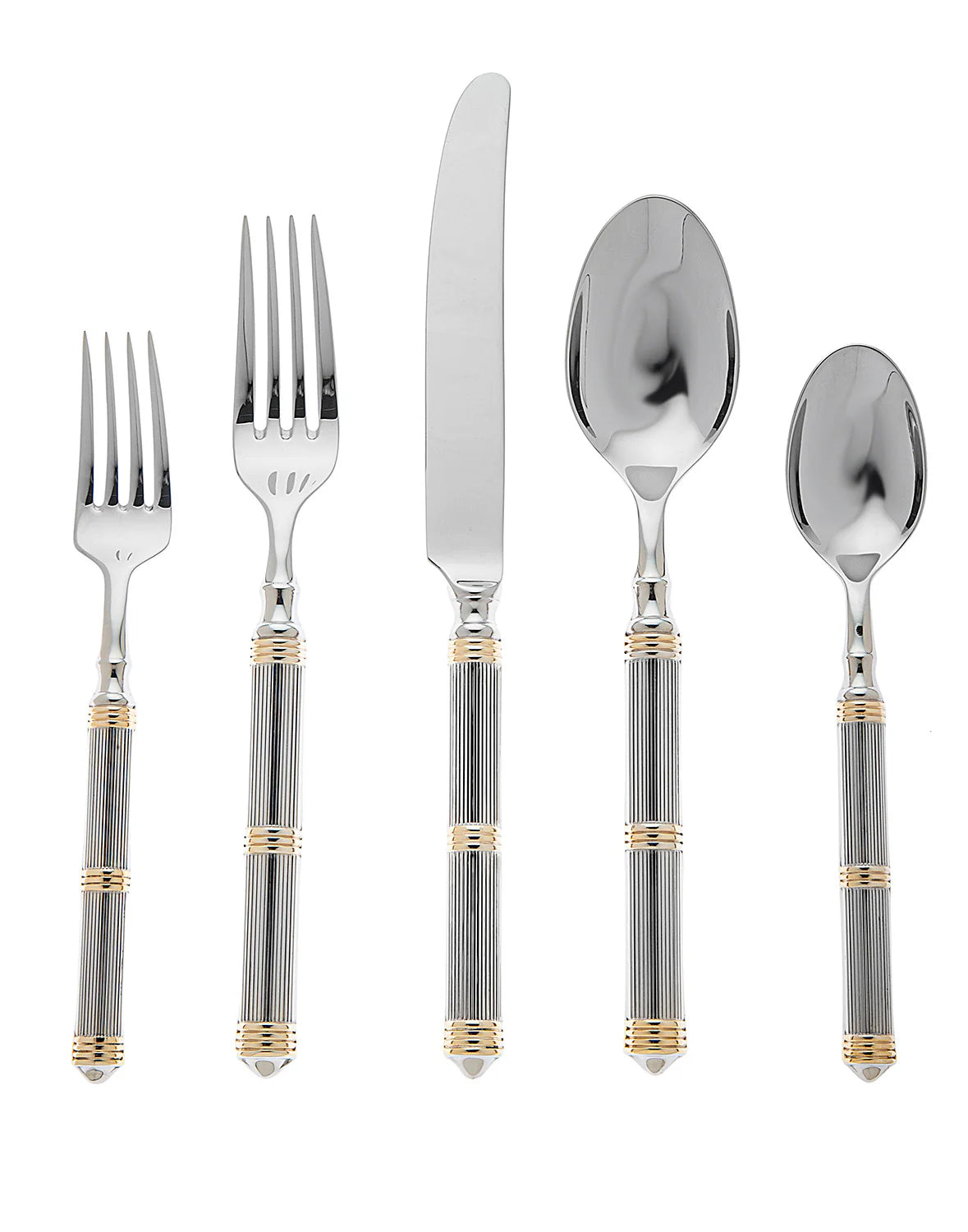 The Ricci Castello Flatware Gold 5-Piece Setting features 24kt gold-accented handles and includes a dinner fork, salad fork, knife, soup spoon, and teaspoon—all arranged in a straight line on a white background.