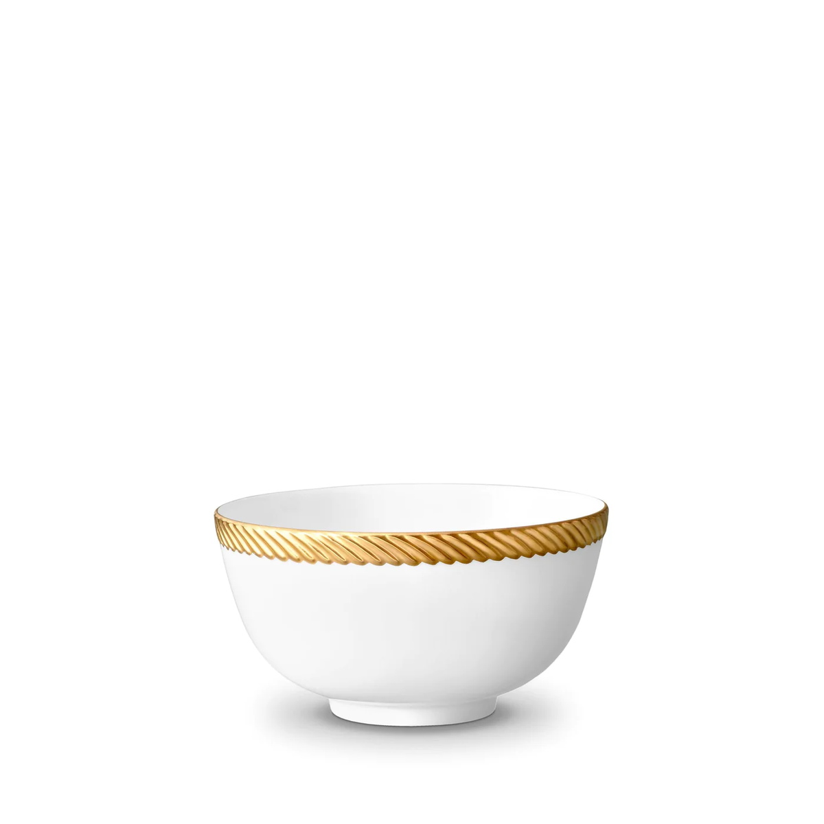 The L'Objet Corde Dinnerware Gold is a white porcelain bowl with a simple round shape, accented by a hand-painted gold rope pattern around the rim for modern elegance in any dining setting.