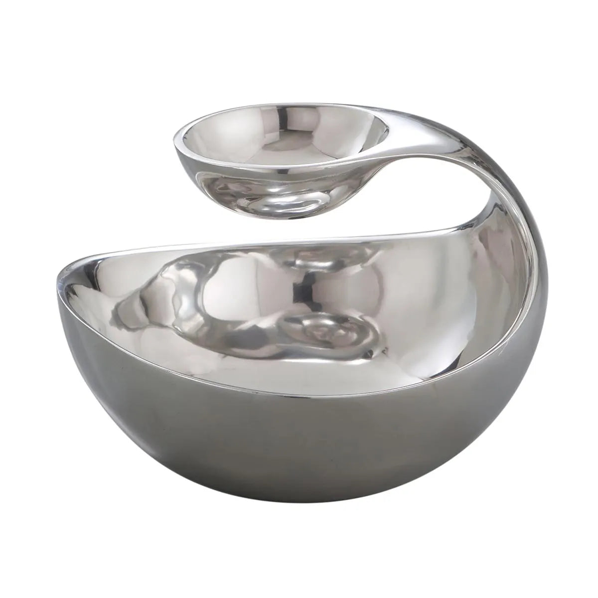 The Nambe Scoop Server is a modern serveware piece crafted from signature Nambé Alloy, featuring a sleek, shiny silver finish and an artistic, curved design with a smaller elevated bowl attached above the larger one—perfect for stylishly serving chips and dip.