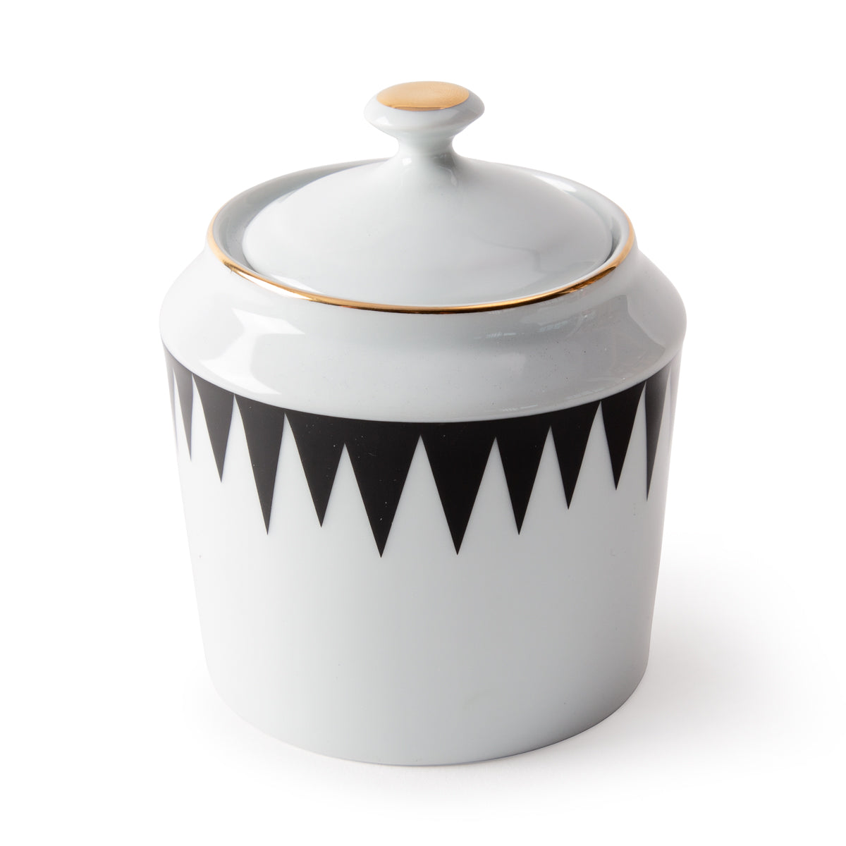 The Molecot Punk Dinnerware white ceramic jar features a lid with black zigzag detailing and gold-accented handle and rim, bringing modern style to any table setting.