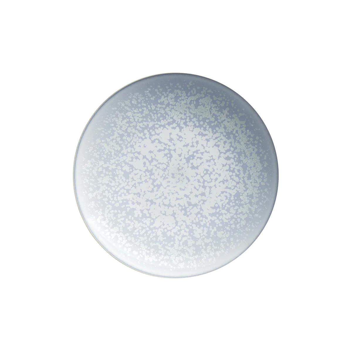 The Song Ocean Dinnerware round ceramic plate by Jaune De Chrome features a light blue and white speckled pattern, inspired by French dinnerware, shown from above on a white background.