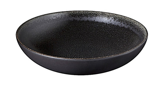 The Tourron Dinnerware Celeste by Jars - Rosenthal is a round, shallow stoneware plate with black glaze, a textured surface, and a slightly raised rim, shown on a white background.