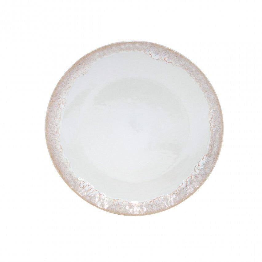 The Casafina Taormina Dinnerware White plate is a round, white fine stoneware piece with a textured light beige rim, made in Portugal and shown from above on a plain white background.