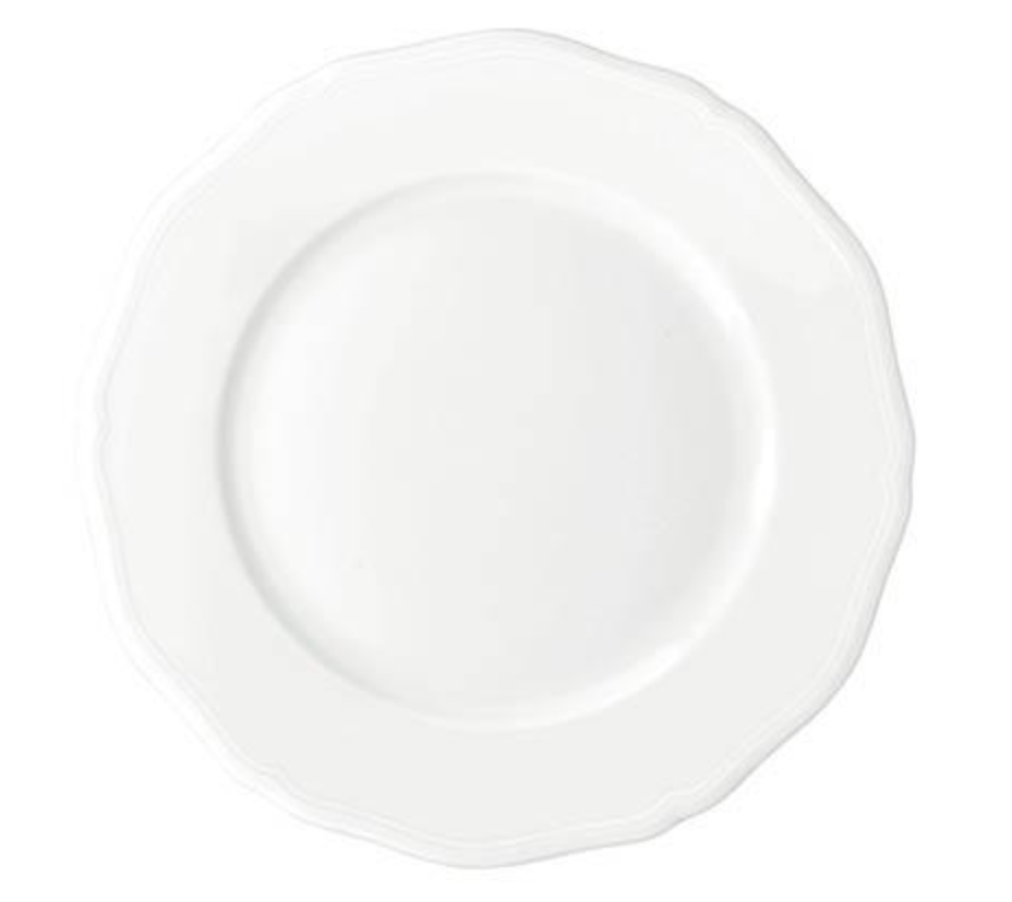 The Raynaud Argent White Dinnerware dinner plate features scalloped edges and a subtly decorative rim, displayed from above on a white background.