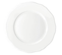 The Raynaud Argent White Dinnerware dinner plate features scalloped edges and a subtly decorative rim, displayed from above on a white background.