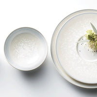 A minimalist image shows Jaune De Chrome's Song Dinnerware Perle - Agoro: a speckled white bowl and two overlapping high-fired porcelain plates, one with light green flowers and leaves, set against a white background.