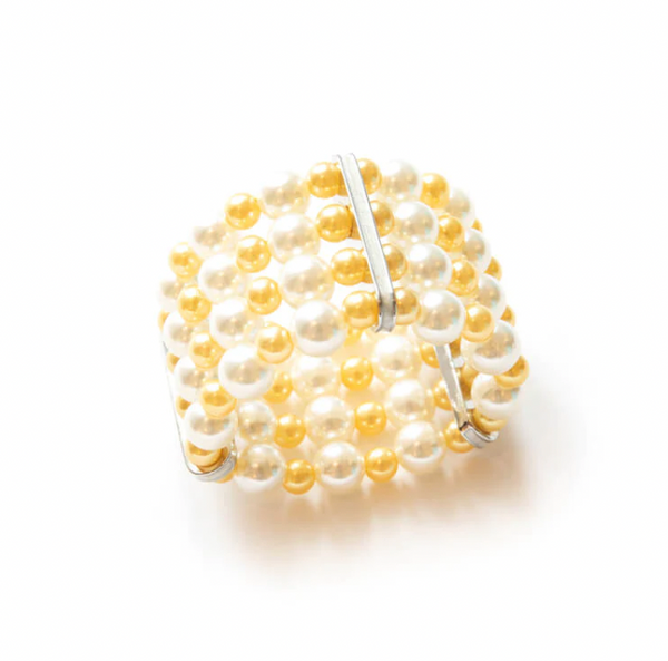 The Pearl Cuff Napkin Ring Gold Set of 4 by Von Gern Home features alternating white and gold pearl beads with three parallel silver bars, perfect for elegant table settings. Displayed on a white background.