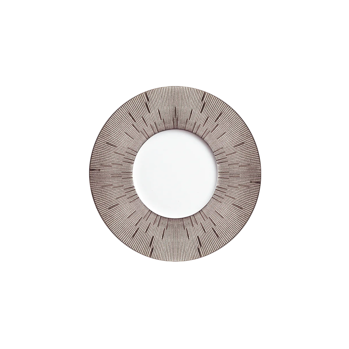 The Haviland Infini Prestige Platinum Dinnerware features a round plate with a white Limoges porcelain center and a wide, textured platinum rim radiating lines, shown on a plain white background.