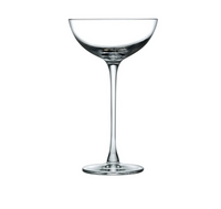 The Hepburn Coupe Glass Set of 2 by Nude Glassware features wide, shallow bowls, long slender stems, and circular bases, expertly crafted from lead-free crystal and shown against a plain white background.