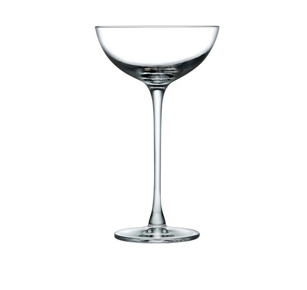 The Hepburn Coupe Glass Set of 2 by Nude Glassware features wide, shallow bowls, long slender stems, and circular bases, expertly crafted from lead-free crystal and shown against a plain white background.
