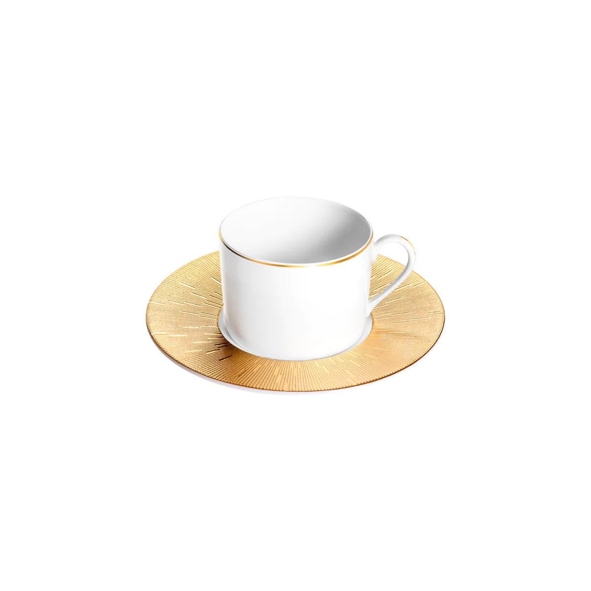 A white Haviland Infini Prestige Gold teacup with a gold rim rests on a fully gold, textured saucer, both crafted from Limoges porcelain. A plain light gray background accentuates the elegance of this dinnerware piece.