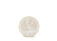 The Ginori 1735 Oriente Italiano Beige Meringa porcelain plate features a cream hue, delicate floral pattern, and gold rim, shown against a white background.