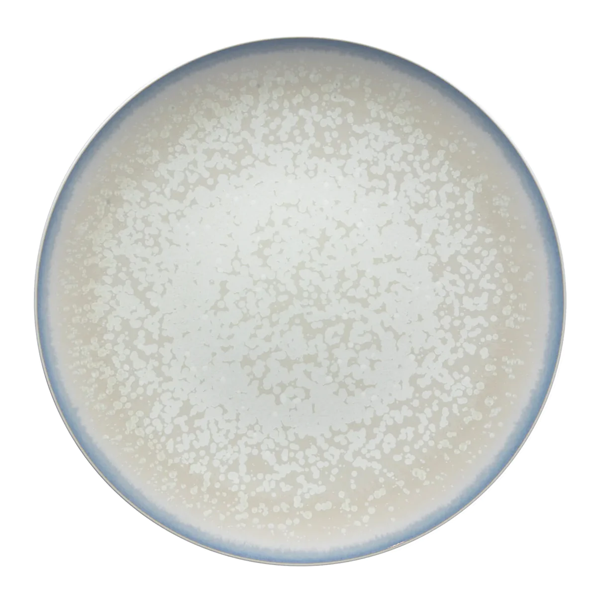 The Song Dinnerware Perle - Agoro plate by Jaune De Chrome is a round, high-fired porcelain piece with a speckled white pattern and light blue rim, shown from above on a plain white background for an elegant table setting.
