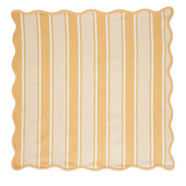 A square fabric napkin from Juliska’s Cabana Stripe Napkin Set of 4 - Sunshine, featuring yellow and white vertical stripes of varying widths and wavy, scalloped edges. The napkin is displayed flat on a white background.