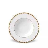 L’Objet Aegean Filet Gold dinnerware soup bowl with a white finish, scalloped edge, and a thin 24k gold rim.