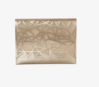 The Geometric Afikoman Bag by Apeloig Collection features a beige design with triangular cutouts, subtle embossed logo, and modern Passover-inspired style, showcased on a plain white background.