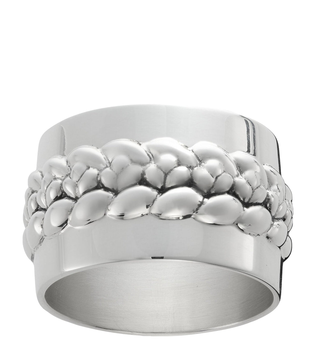 Christofle Babylon Silver Plated Napkin Ring Set 4 featuring a silver-plated ring with a central decorative band of braided metal.