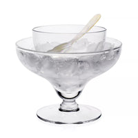 The William Yeoward Caspia Seafood/Caviar Server with Spoon features a clear glass design with an inner bowl for caviar, filled with ice, and comes with a translucent spoon.