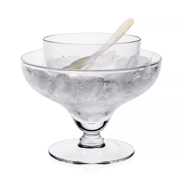 The William Yeoward Caspia Seafood/Caviar Server with Spoon features a clear glass design with an inner bowl for caviar, filled with ice, and comes with a translucent spoon.