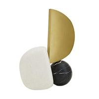Experience the balanced, modern composition of the Hiroshi Sculpture by Arteriors—a striking abstract piece featuring three distinct shapes: a white stone, a black marble sphere veined with white, and an upright gold metallic semicircle. This design is inspired by the clean lines of contemporary sculpture.