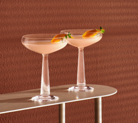 Two Nude Glassware Big Top Coupe Glasses (Set of 2), each filled with a pale pink cocktail and garnished with orange peel and herbs, rest on a modern beige table against a textured terracotta backdrop.