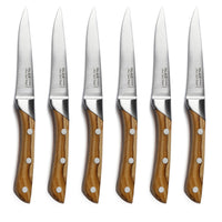 Six matching Alain Saint-Joanis Palace Steak Knives with polished wooden handles and silver blades are arranged vertically in a row on a white background.